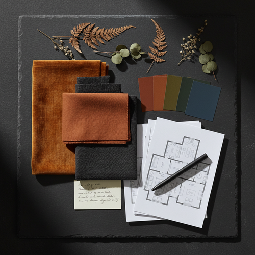 Home Décor Mood Board Template flat lay with dark moody tones