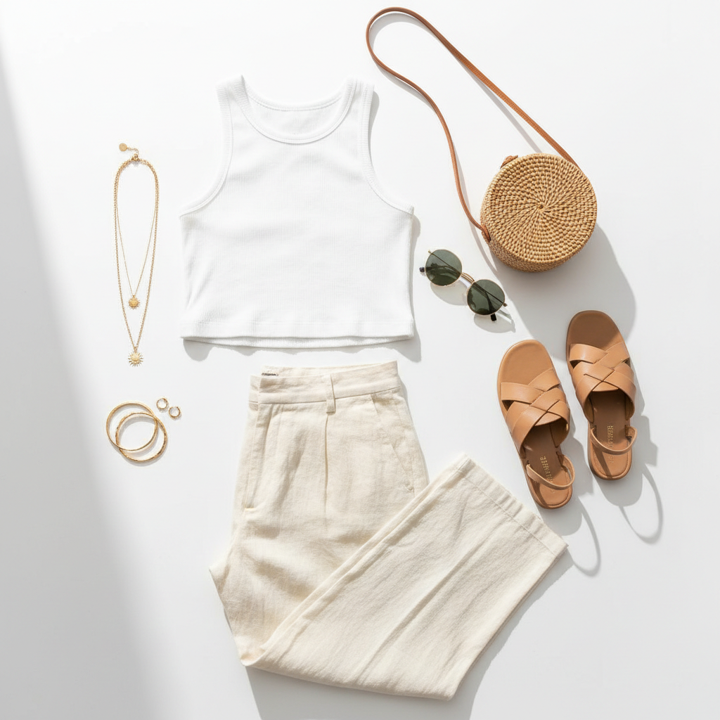 Minimal chic summer outfit flat lay
