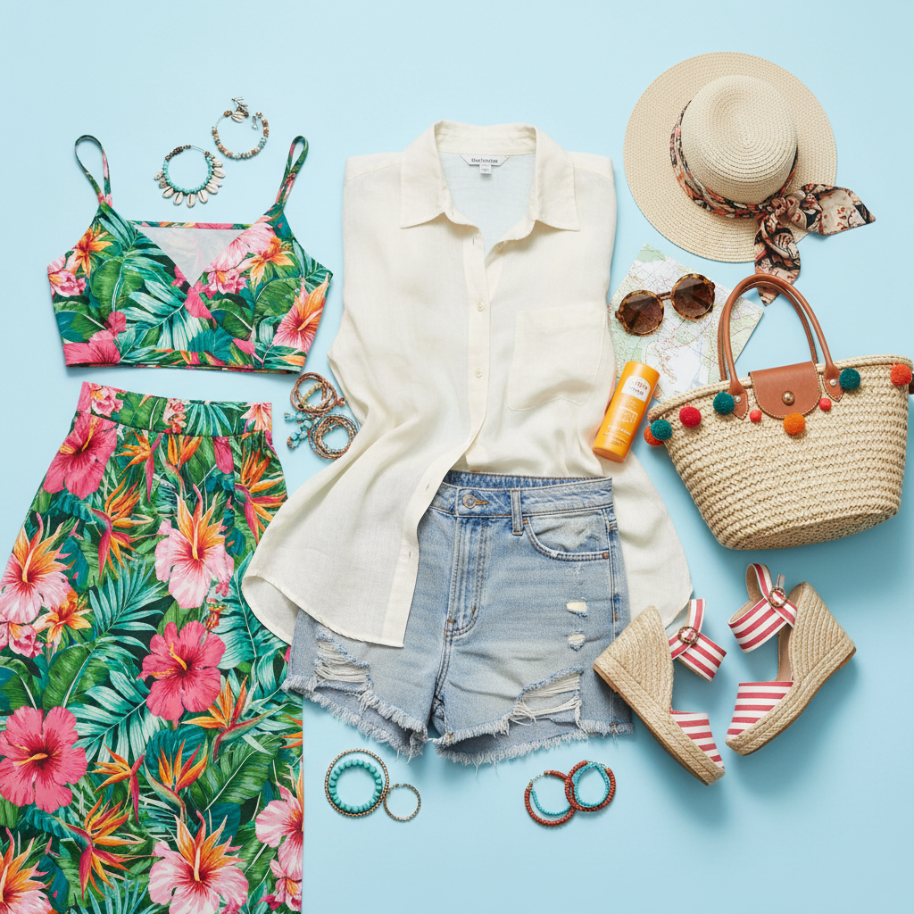 Colorful summer capsule wardrobe flat lay
